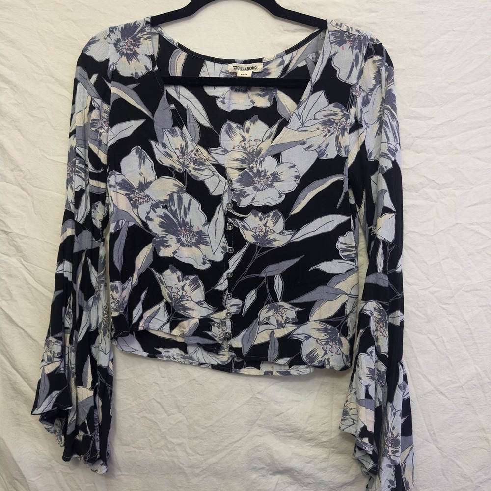 Billabong Women's Multicolor Blue Floral Boho Bell Sleeve Blouse Size S